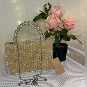 Gold Woven Bag with Pearl Handle